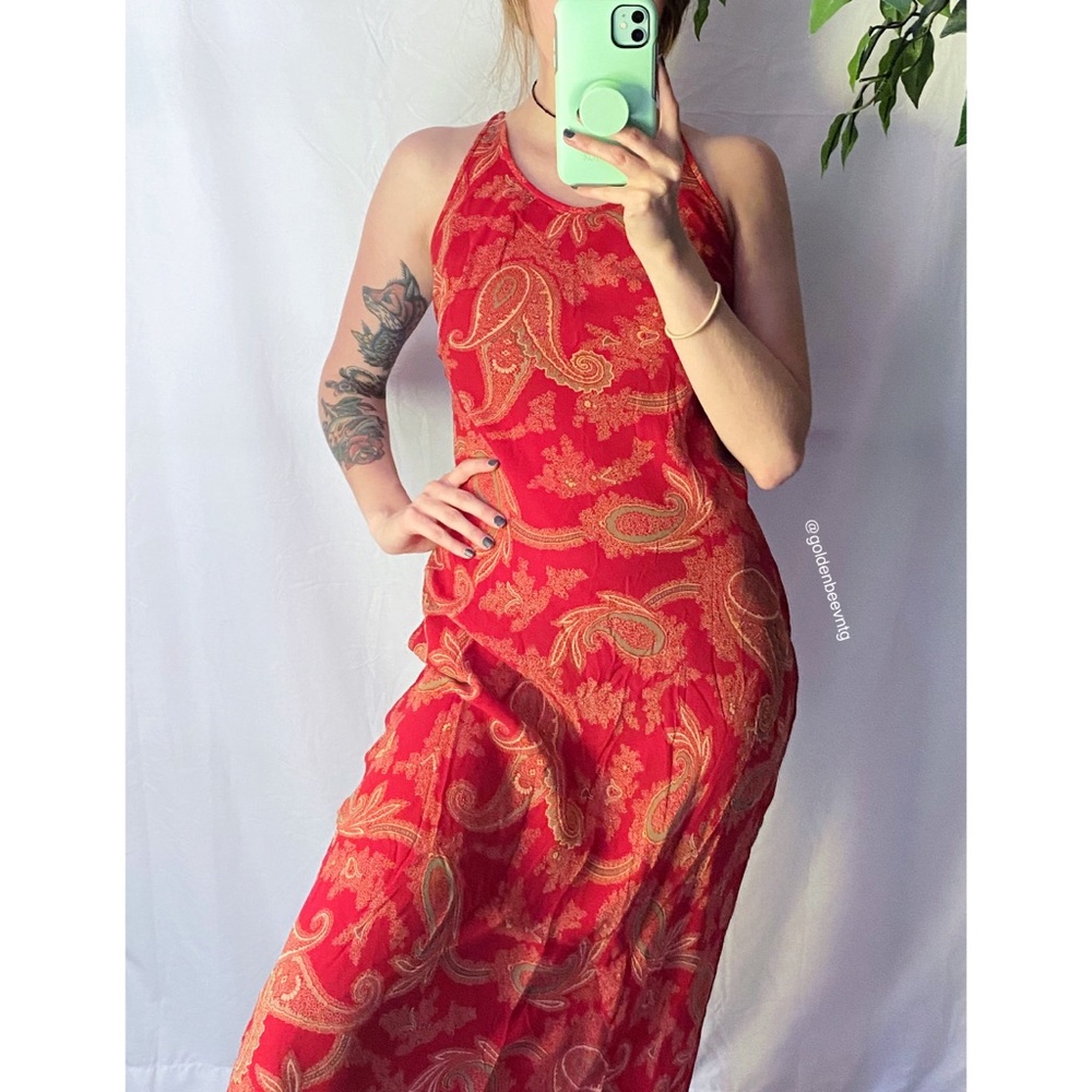 Vintage Red Paisley Silk Summer Maxi Dress